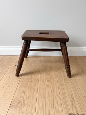 Dark Wood Low Stool with Carry Handle — Minor Surface Wear and Leg Scuffing