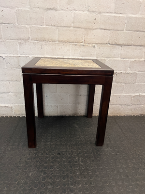 Dark Wood Side Table with Stone Inlay Top — Good Working Order