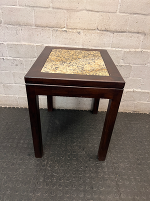Dark Wood Side Table with Stone Inlay Top — Good Working Order