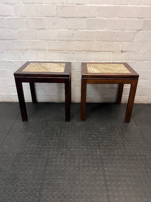 Dark Wood Side Table with Stone Inlay Top — Good Working Order