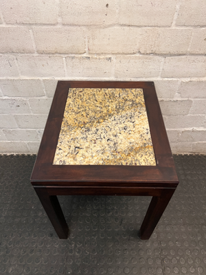 Dark Wood Side Table with Stone Inlay Top — Good Working Order