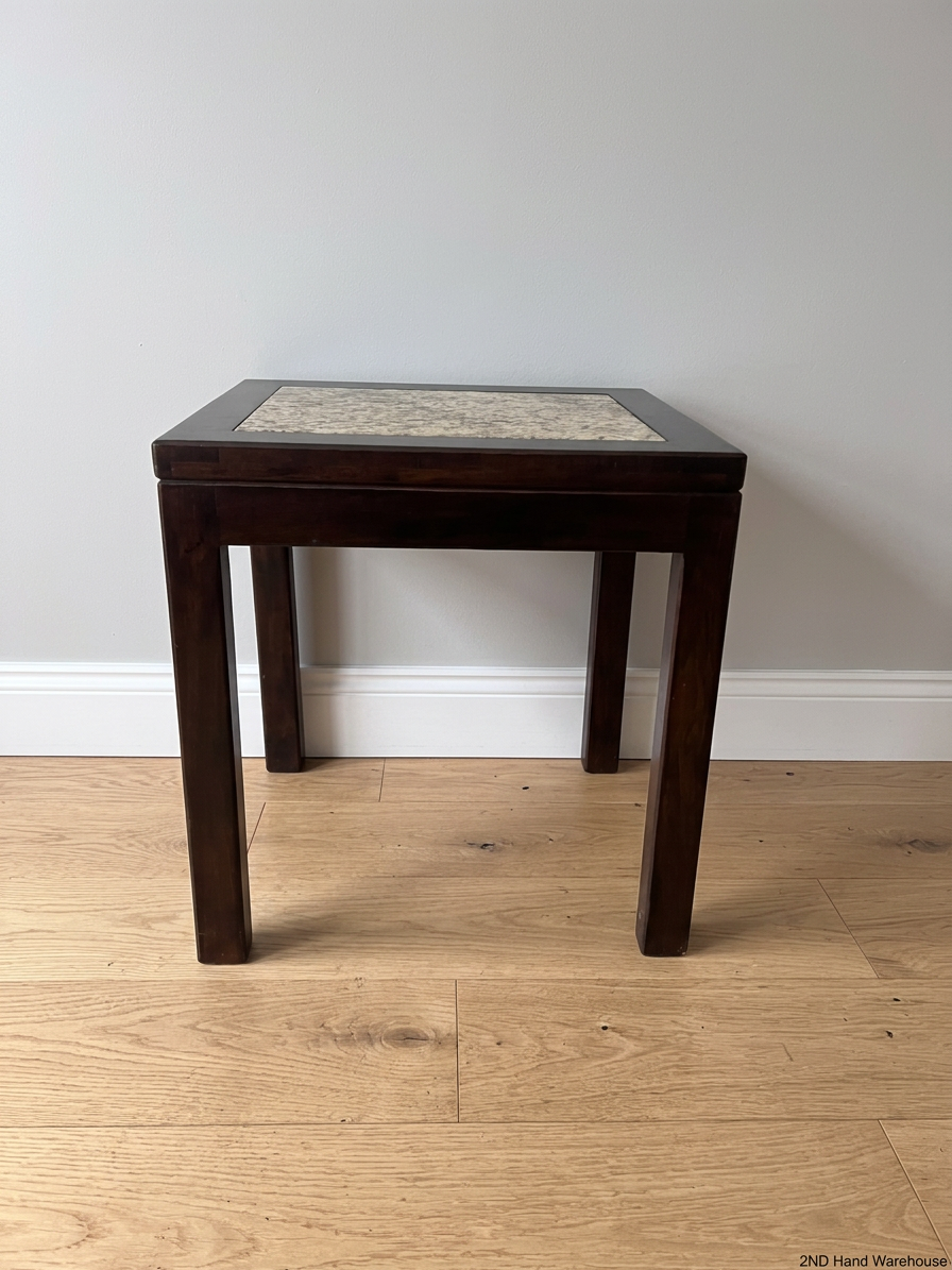 Dark Wood Side Table with Stone Inlay Top — Good Working Order