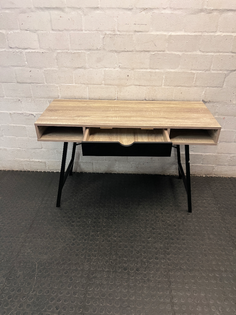 Decofurn Oak-Finish Office Desk with Metal Legs — Good Functional Condition