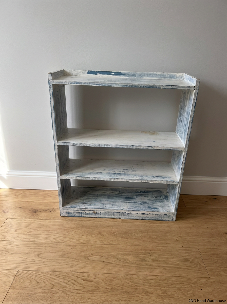 Distressed White & Blue 3-Tier Wooden Shelf - Fair Condition - 2ndhandwarehouse.com