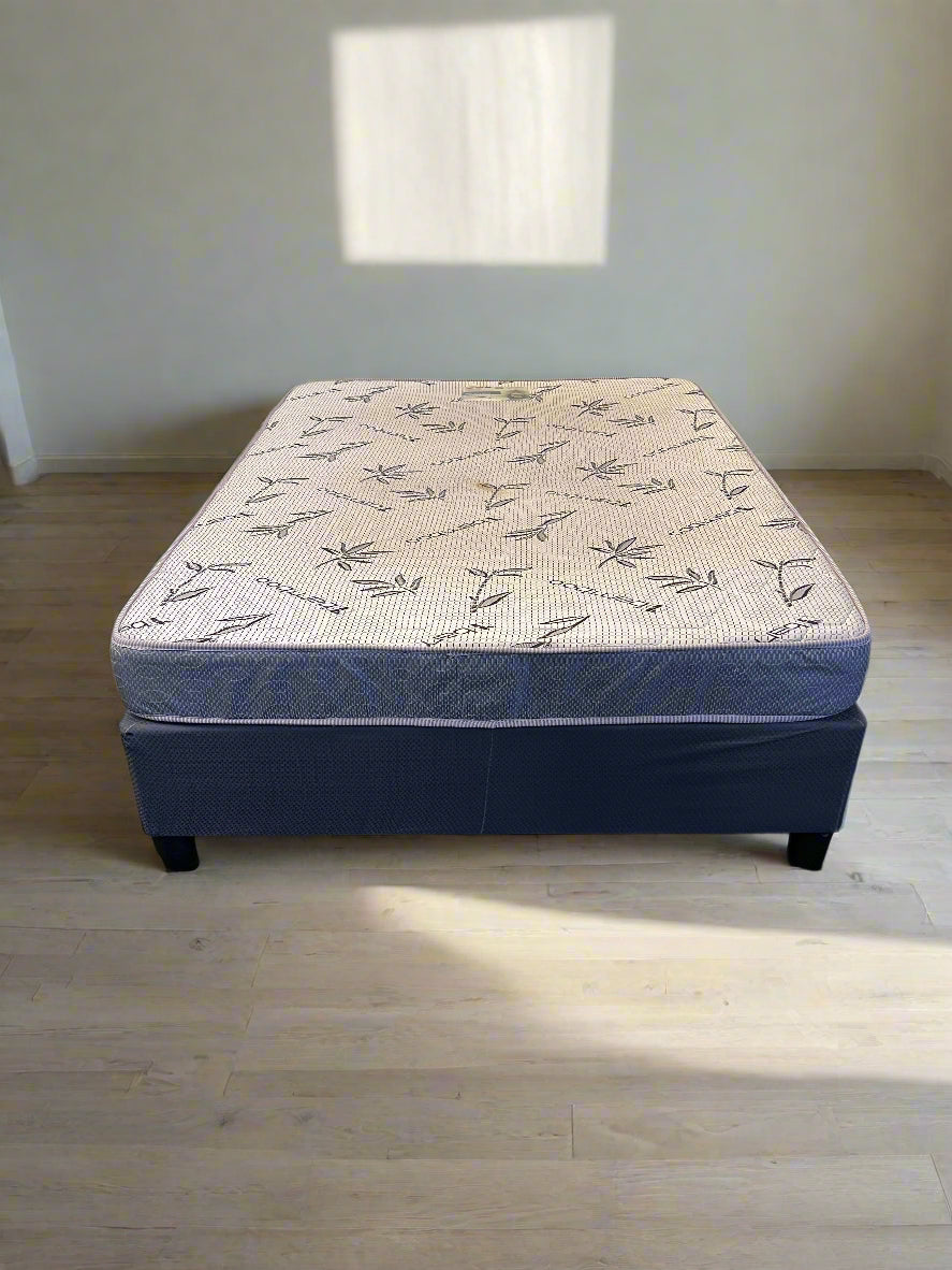 Double-Size Blue Fabric Mattress And Base with Floral Design – Minor Wear