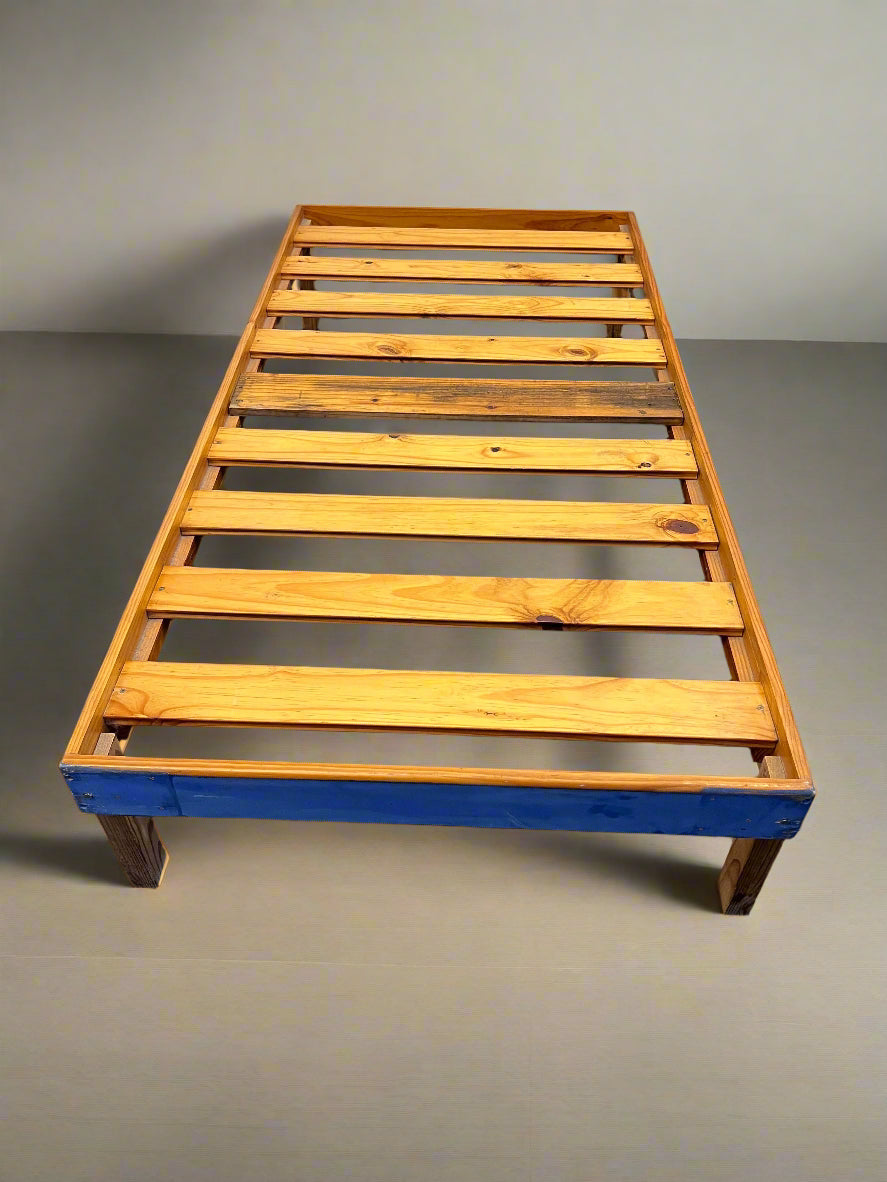 Durable Pine Single Bed Frame with Blue Accents - Great Condition