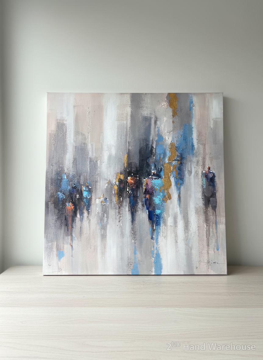 Dynamic Abstract Cityscape Canvas Art - Grey, Blue & Gold Accents