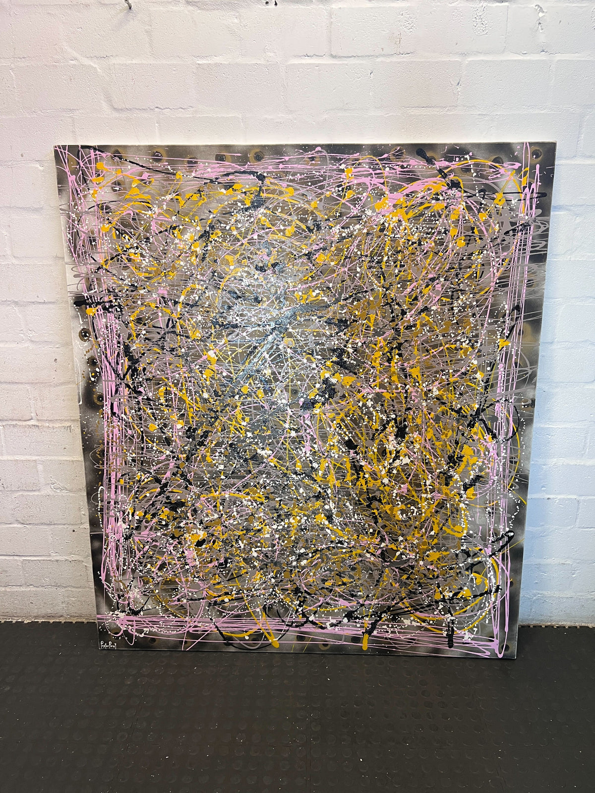 Dynamic Abstract Splatter Art Canvas - Yellow, Pink & Black 135 by 150