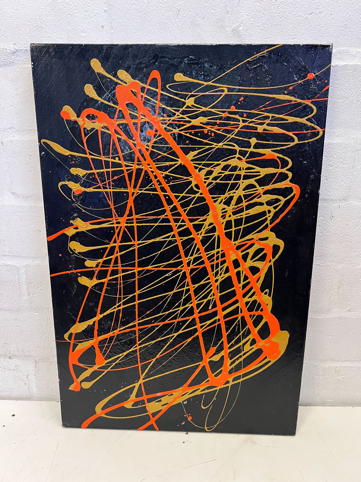 Dynamic Abstract Splatter Art - Orange & Gold on Black Canvas 51 by 76