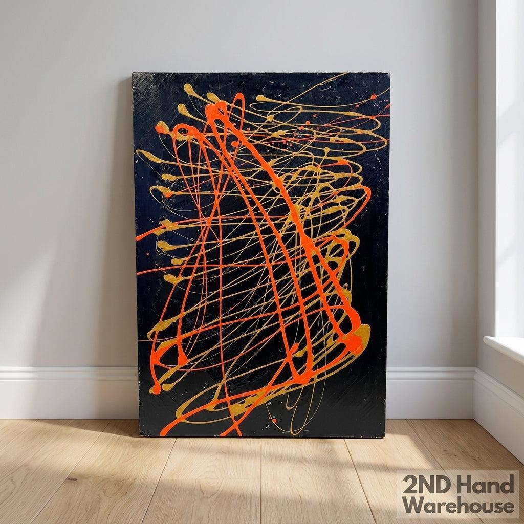 Dynamic Abstract Splatter Art - Orange & Gold on Black Canvas 51 by 76