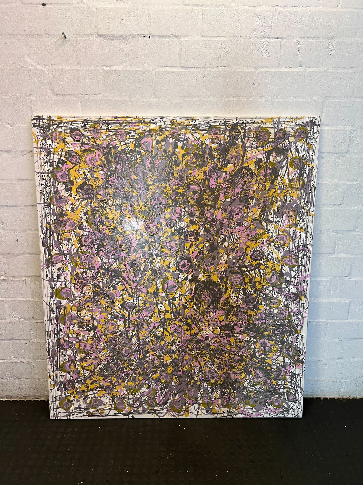 Dynamic Drip Abstract Canvas Art - Purple, Gold & Grey Modern Painting 135 by 150