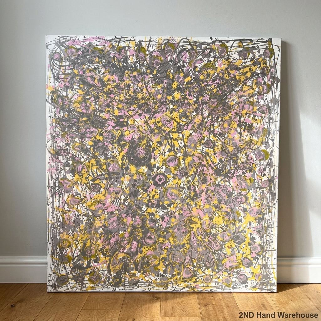 Dynamic Drip Abstract Canvas Art - Purple, Gold & Grey Modern Painting 135 by 150