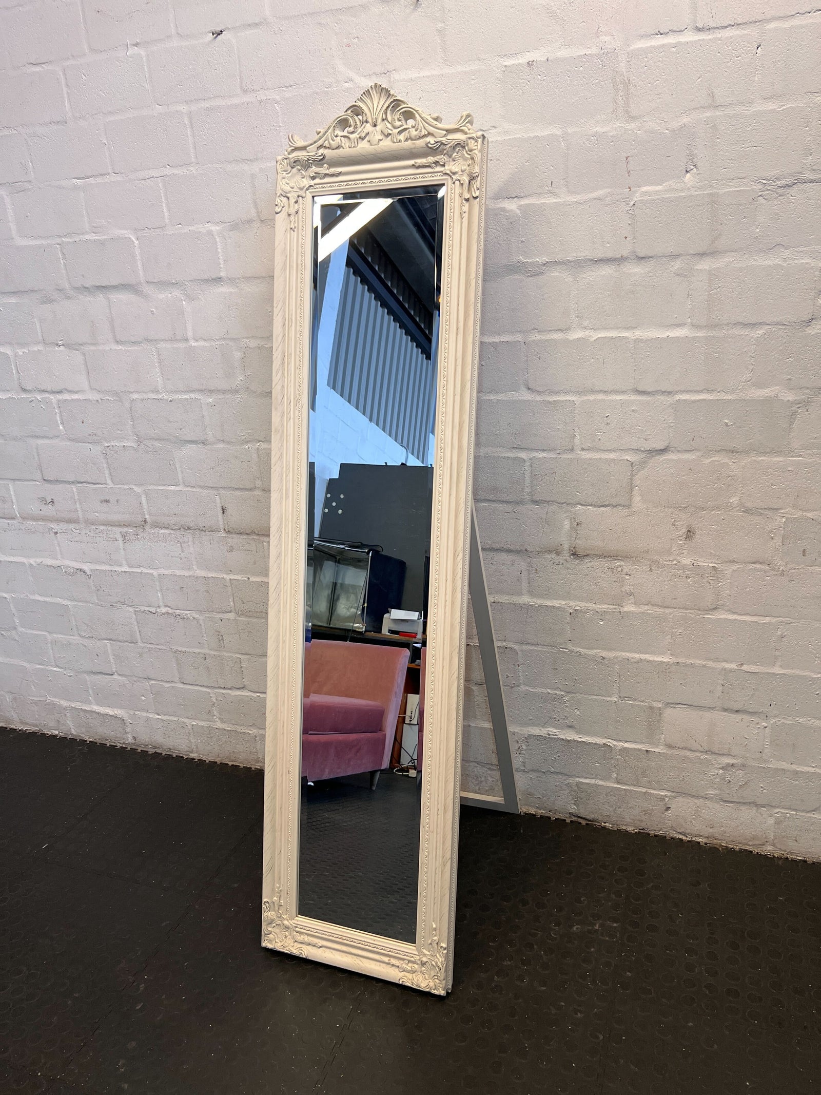 Elegant Antique-Style Tall White Mirror with Minor Chips