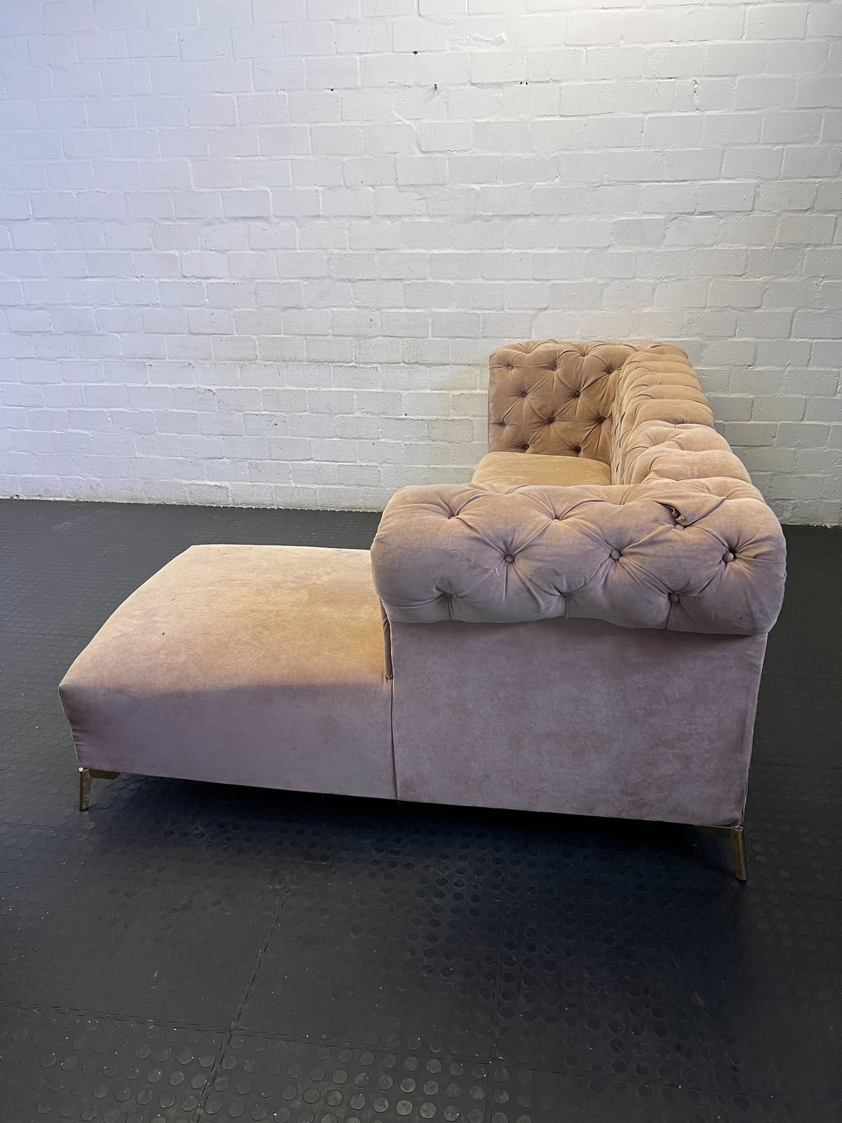 Elegant Blush Tufted Sectional Sofa with Chaise & Gold Legs