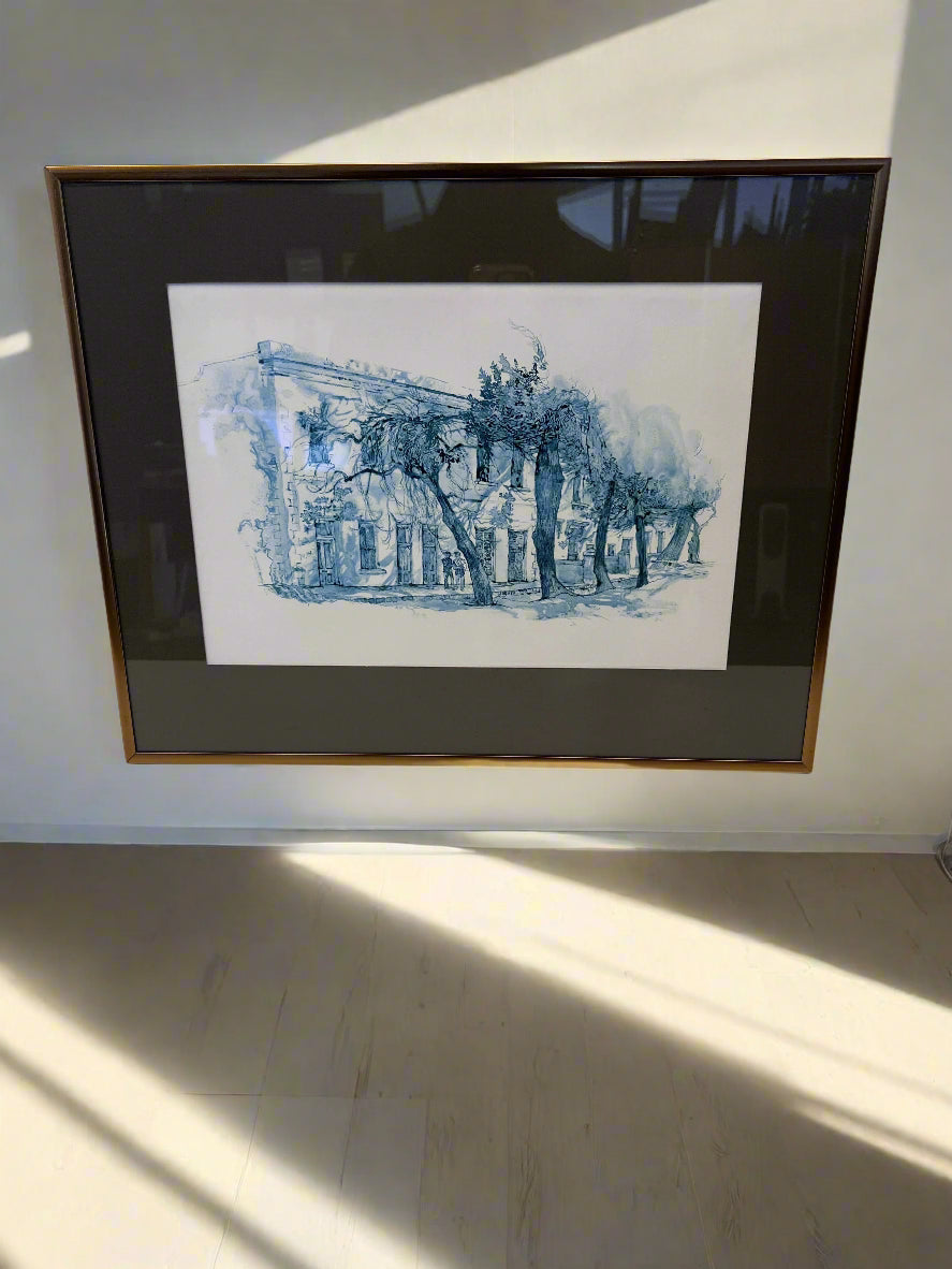 Elegant Framed Blue Watercolor Artwork with Minor Frame Wear