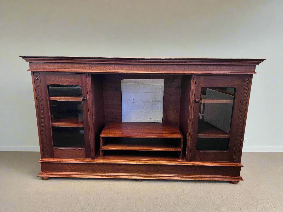 Elegant Mahogany Wood TV Stand with Glass Doors and Minor Wear - REDUCED