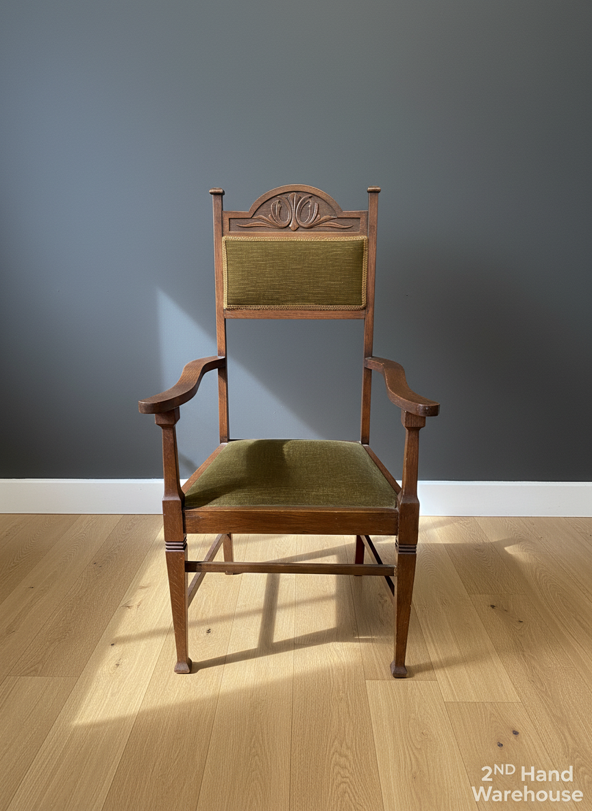 Elegant Vintage Carved Armchair with Green Velvet Upholstery