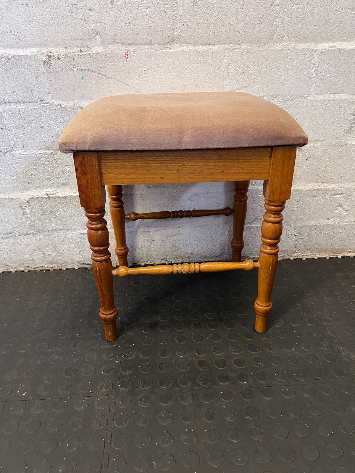 Elegant Vintage Wooden Stool with Padded Velvet Seat