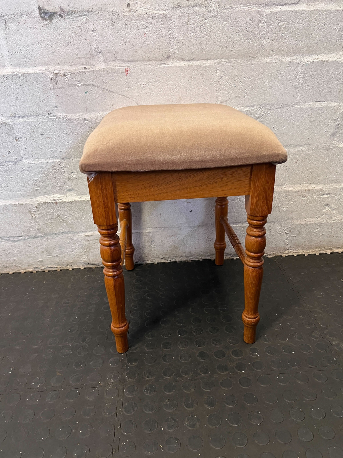 Elegant Vintage Wooden Stool with Padded Velvet Seat