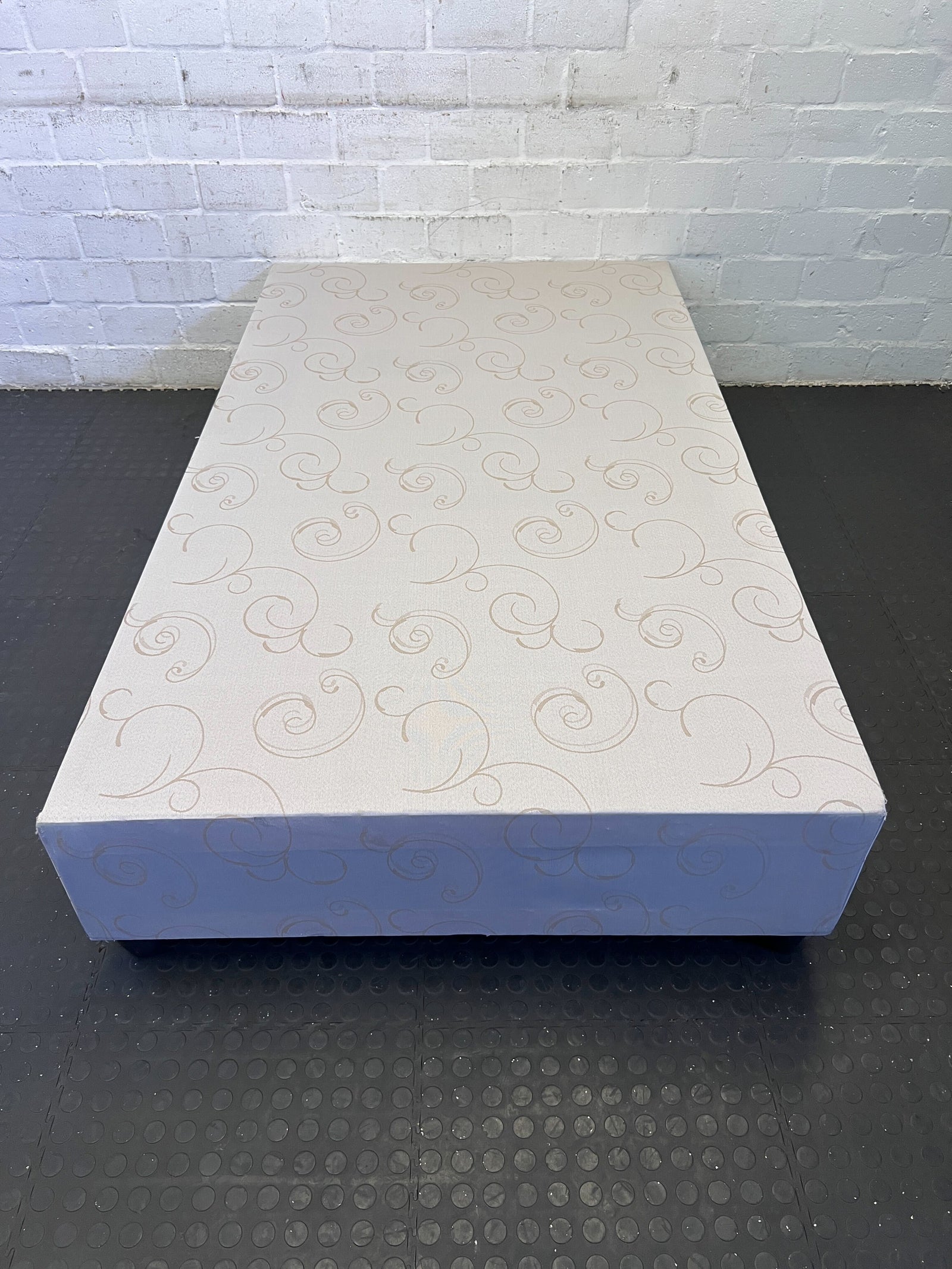 Elegant White Fabric Single Bed Base with Subtle Design, Minor Marks
