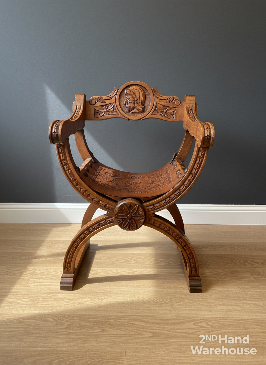 Exquisite Vintage Carved Wood X-Frame Accent Chair