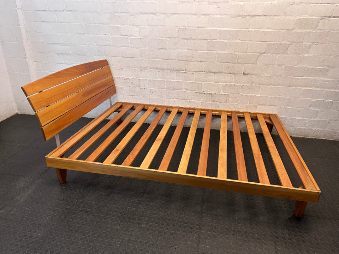 Extra Length Wooden Queen Bed Frame with Headboard — Fair Condition with Visible Surface Wear