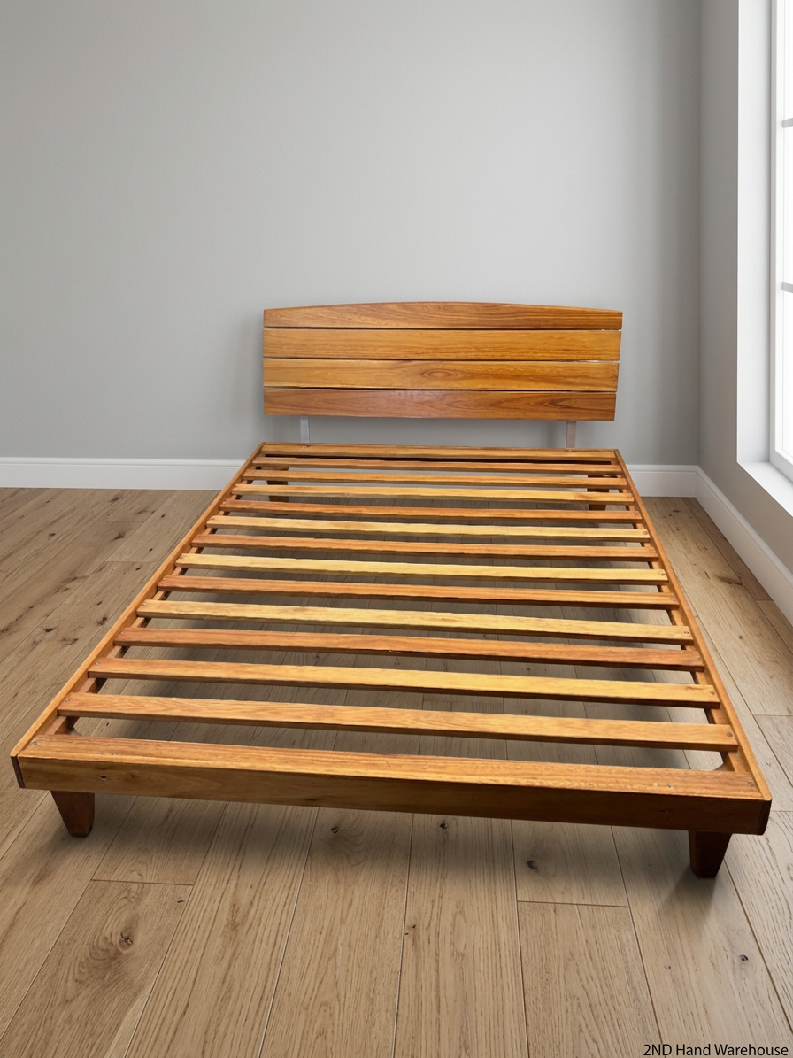 Extra Length Wooden Queen Bed Frame with Headboard — Fair Condition with Visible Surface Wear