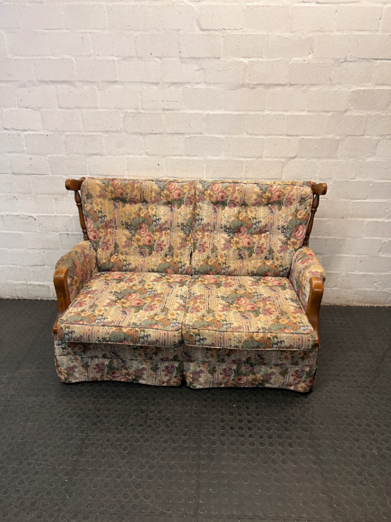 Floral High Back 2 Seater Couch with Wood Detail — Fair Condition with General Wear