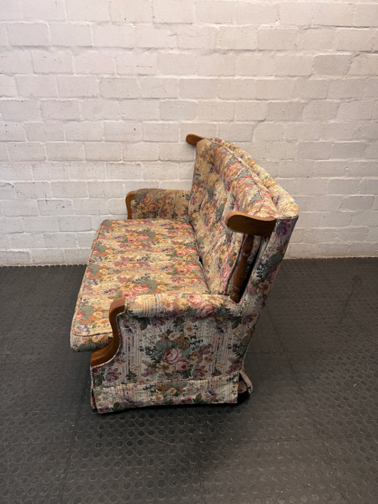 Floral High Back 2 Seater Couch with Wood Detail — Fair Condition with General Wear