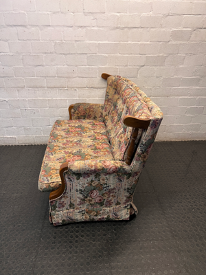 Floral High Back 2 Seater Couch with Wood Detail — Fair Condition with General Wear