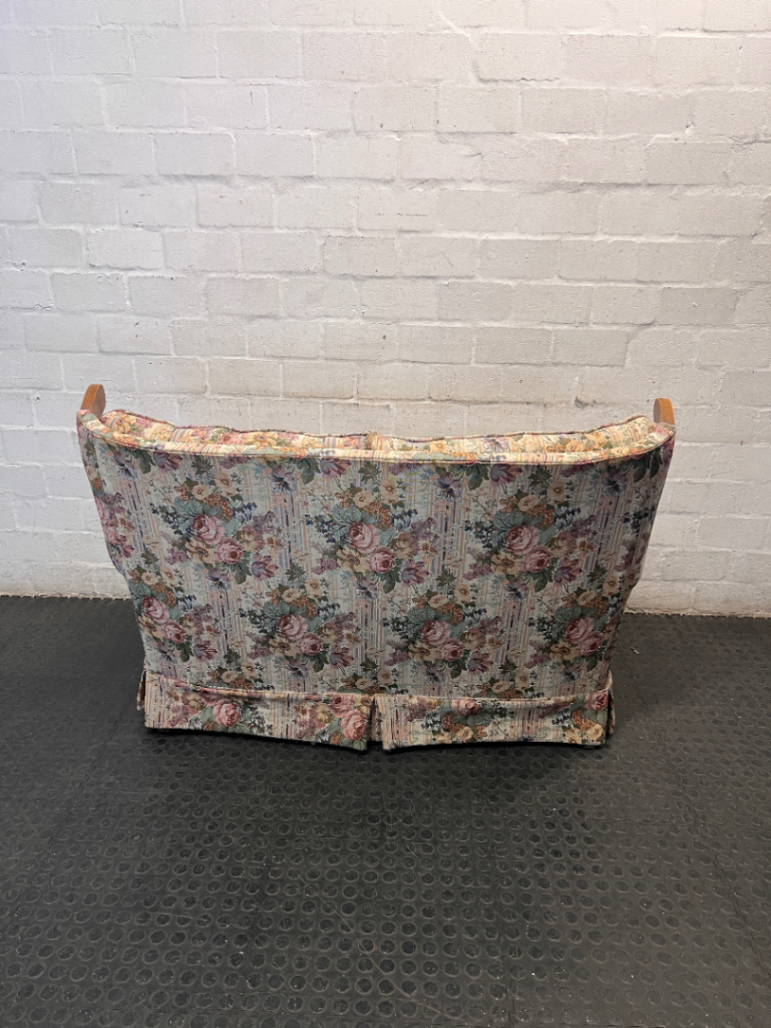 Floral High Back 2 Seater Couch with Wood Detail — Fair Condition with General Wear