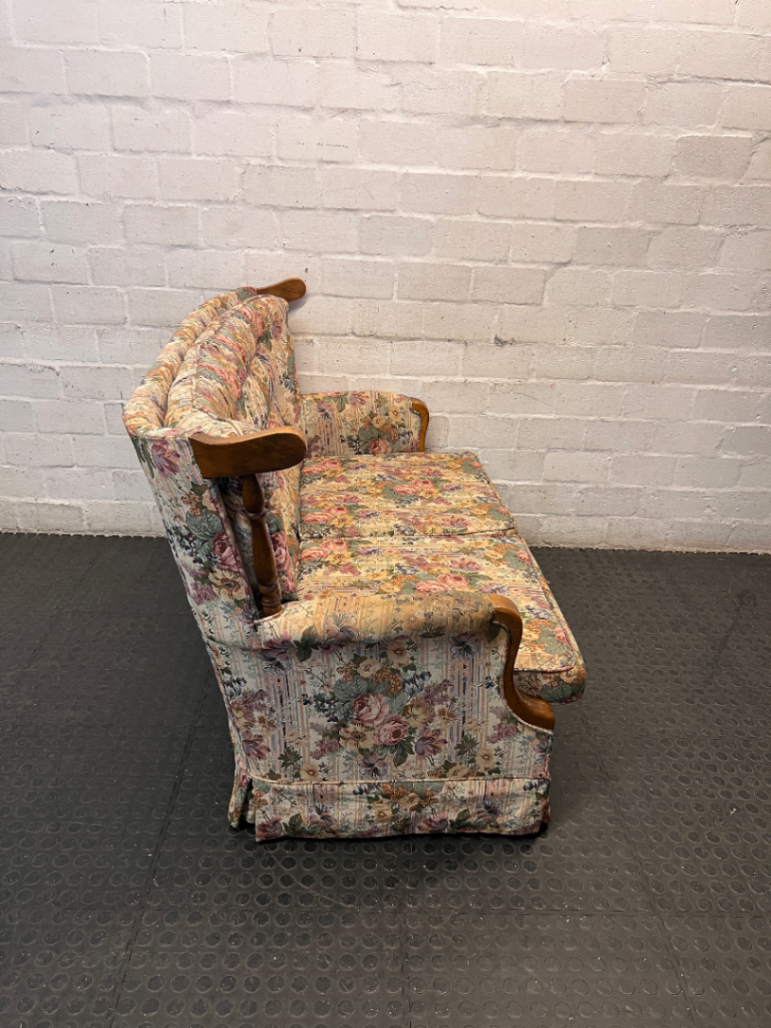 Floral High Back 2 Seater Couch with Wood Detail — Fair Condition with General Wear