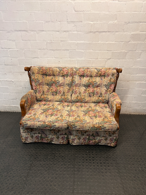 Floral High Back 2 Seater Couch with Wood Detail — Fair Condition with General Wear