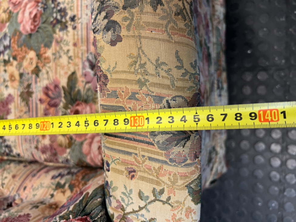 Floral High Back 2 Seater Couch with Wood Detail — Fair Condition with General Wear