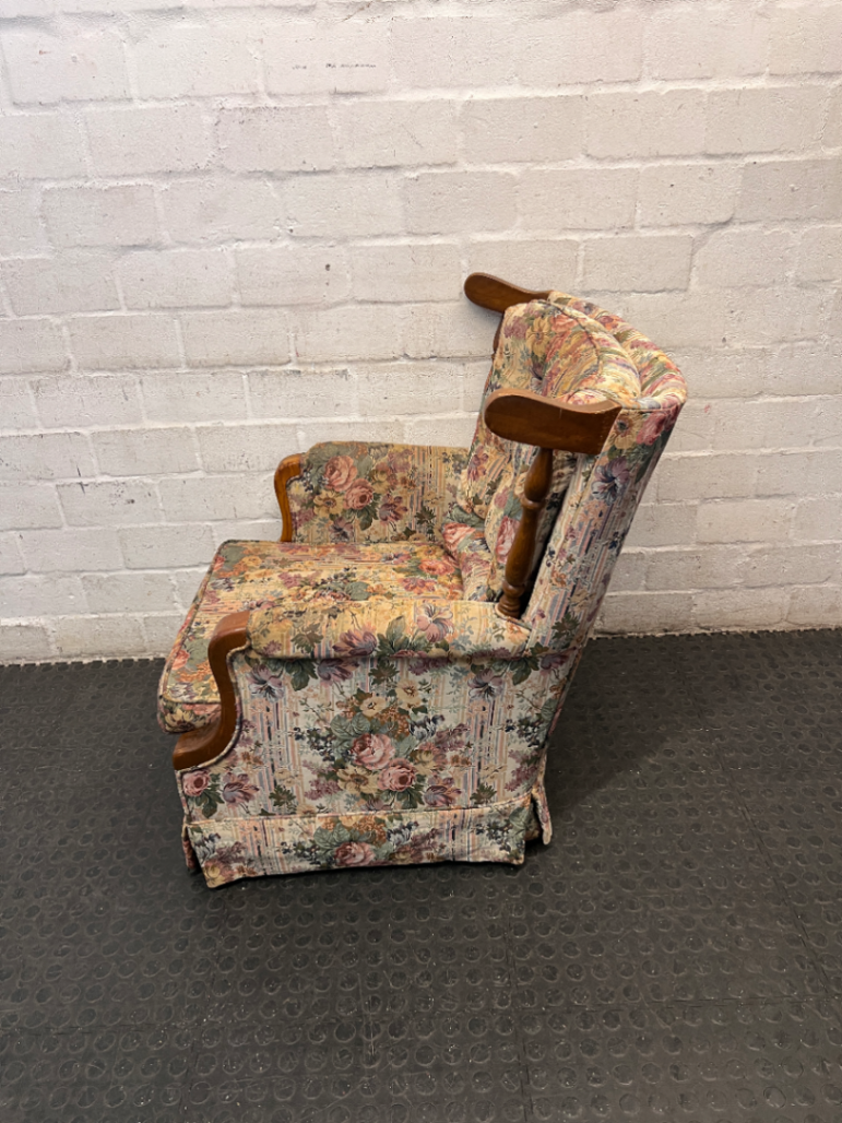 Floral High Back Single Seater Couch with Timber Accents