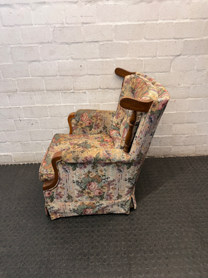 Floral High Back Single Seater Couch with Timber Accents