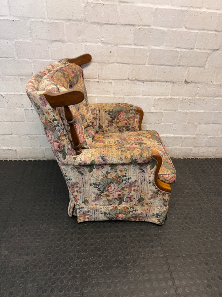 Floral High Back Single Seater Couch with Timber Accents