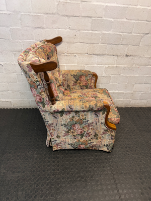 Floral High Back Single Seater Couch with Timber Accents