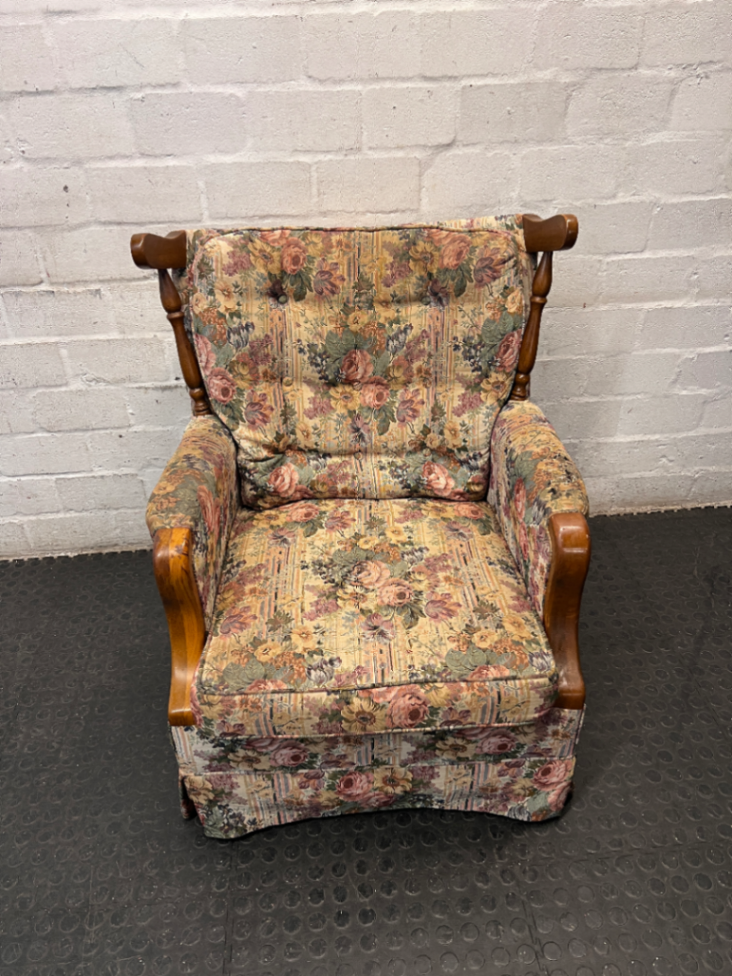 Floral High Back Single Seater Couch with Timber Accents