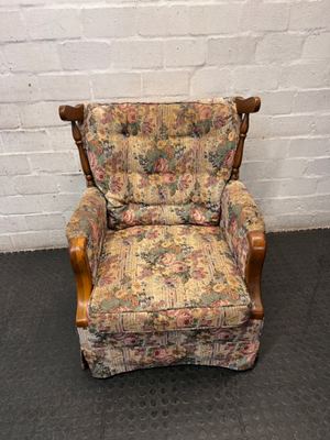 Floral High Back Single Seater Couch with Timber Accents