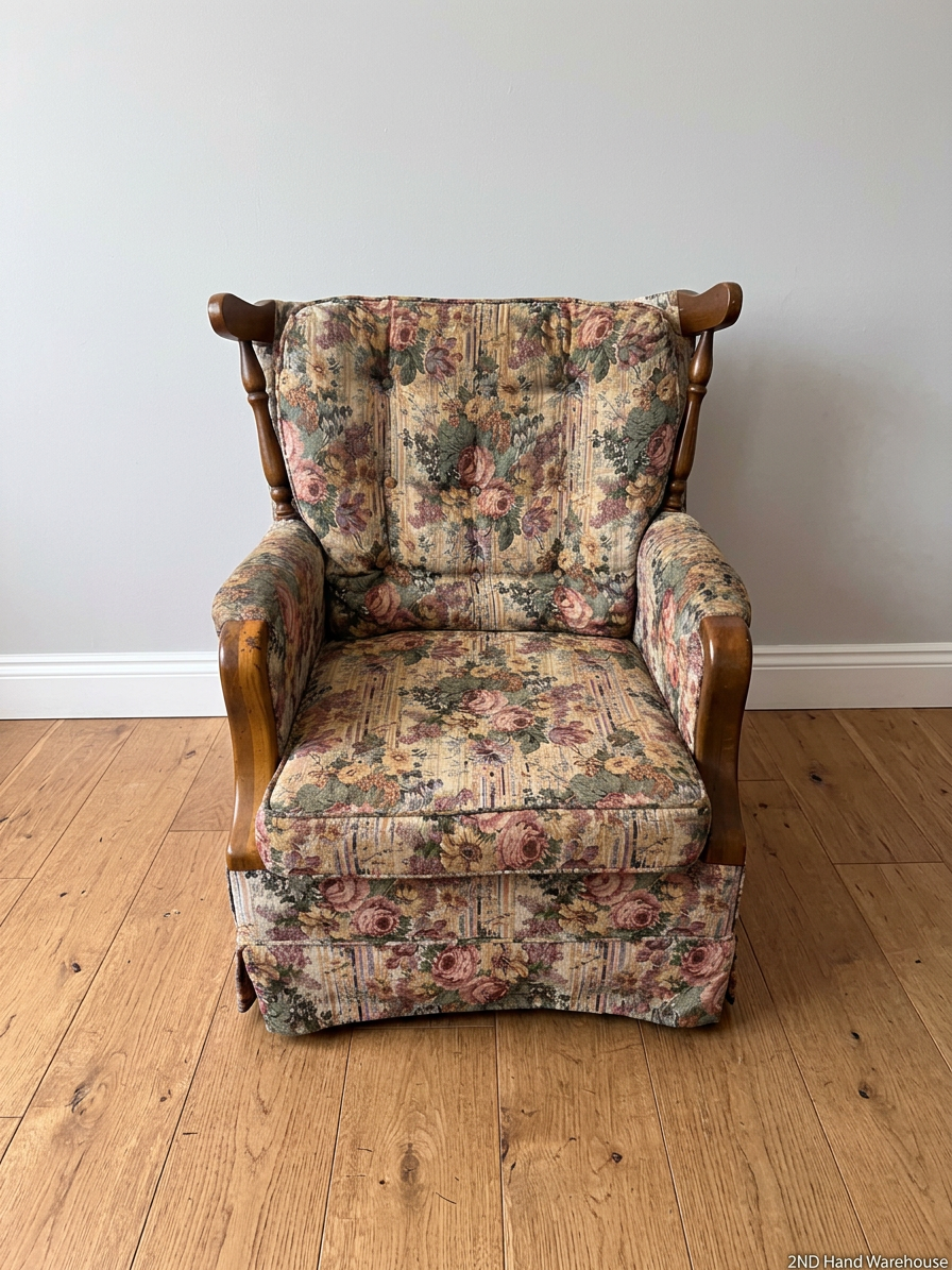 Floral High Back Single Seater Couch with Timber Accents