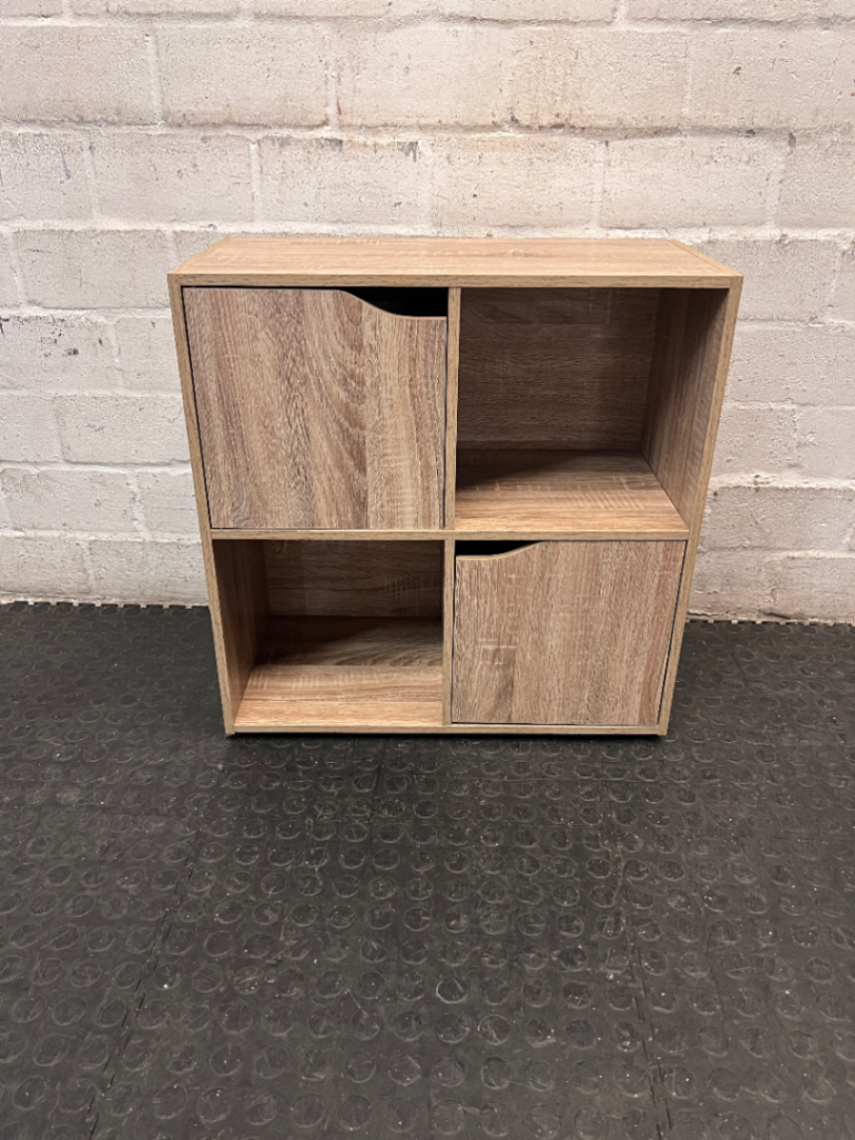 Four-Cube Oak Finish Mini Shelf Cabinet — Fair Condition with General Wear