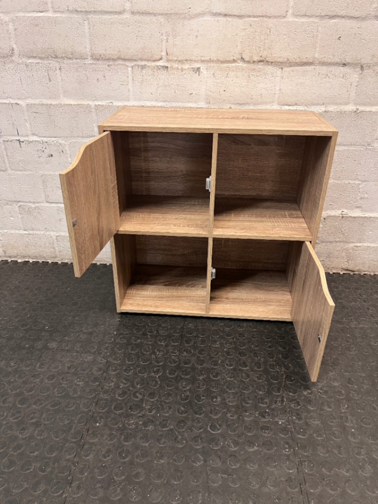 Four-Cube Oak Finish Mini Shelf Cabinet — Fair Condition with General Wear