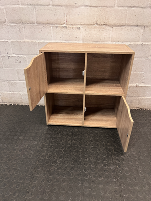 Four-Cube Oak Finish Mini Shelf Cabinet — Fair Condition with General Wear
