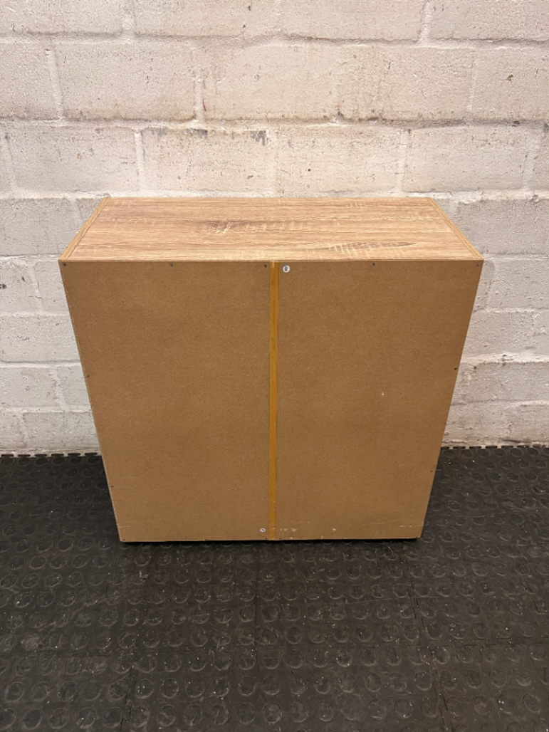 Four-Cube Oak Finish Mini Shelf Cabinet — Fair Condition with General Wear