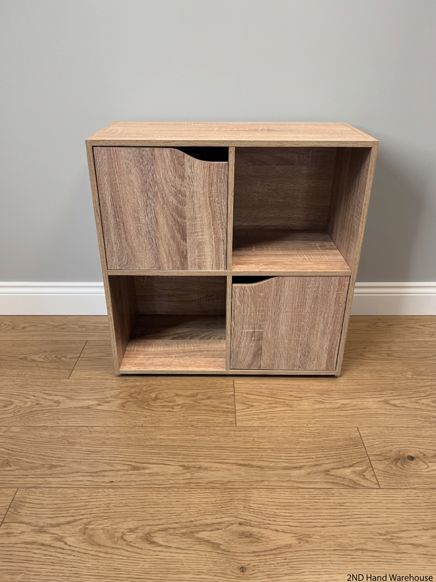 Four-Cube Oak Finish Mini Shelf Cabinet — Fair Condition with General Wear