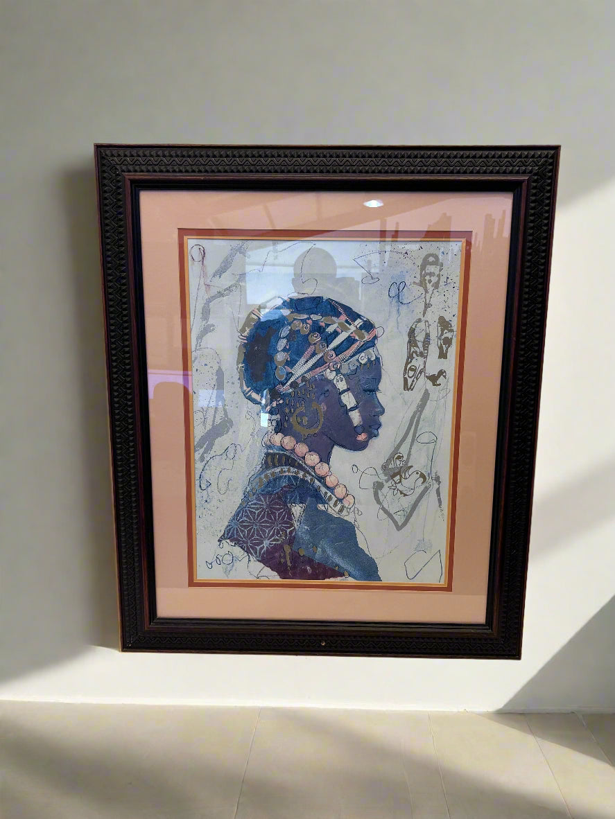 Framed Blue Art Print of Woman in Traditional Jewelry