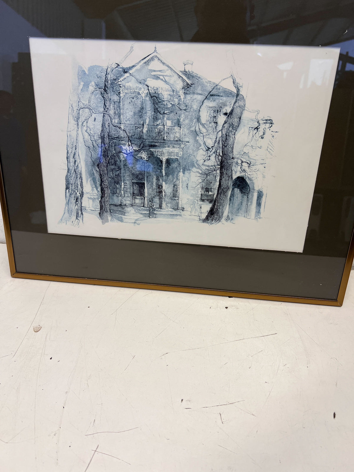 Framed Blue Ink Artwork of Historic House – Minor Frame Scratches - 2ndhandwarehouse.com