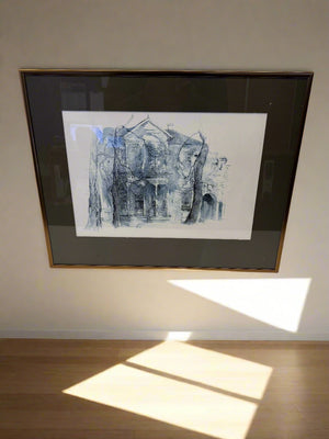 Framed Blue Ink Artwork of Historic House – Minor Frame Scratches - 2ndhandwarehouse.com