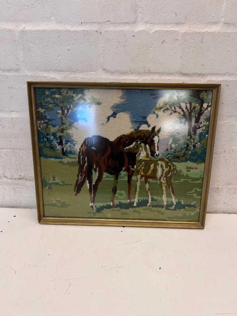 Framed Horse Needlepoint Tapestry with Gold Border - 2ndhandwarehouse.com